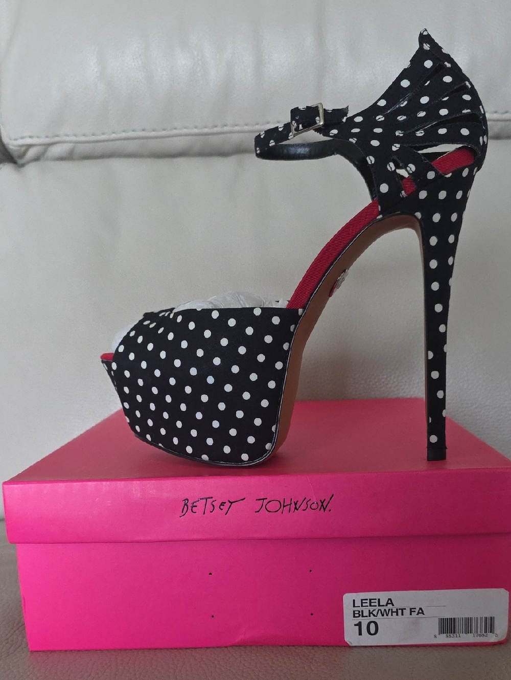 Betsey Johnson Black & White Polka Dot Platform Heels with Red Lining